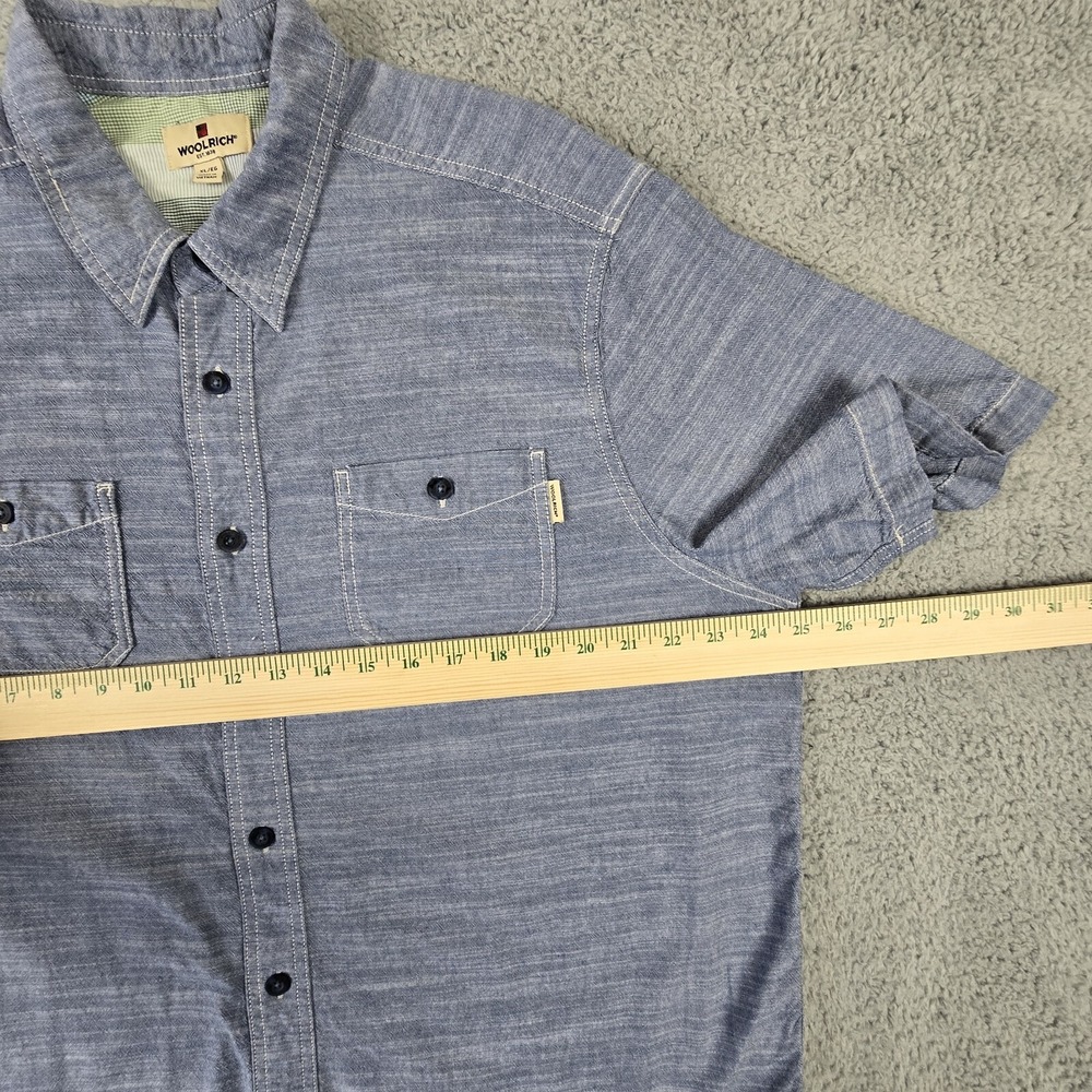 Woolrich  Shirt Mens XL Blue Chambray Casual Short Sleeve‎ Button Up Pockets - Picture 11 of 13